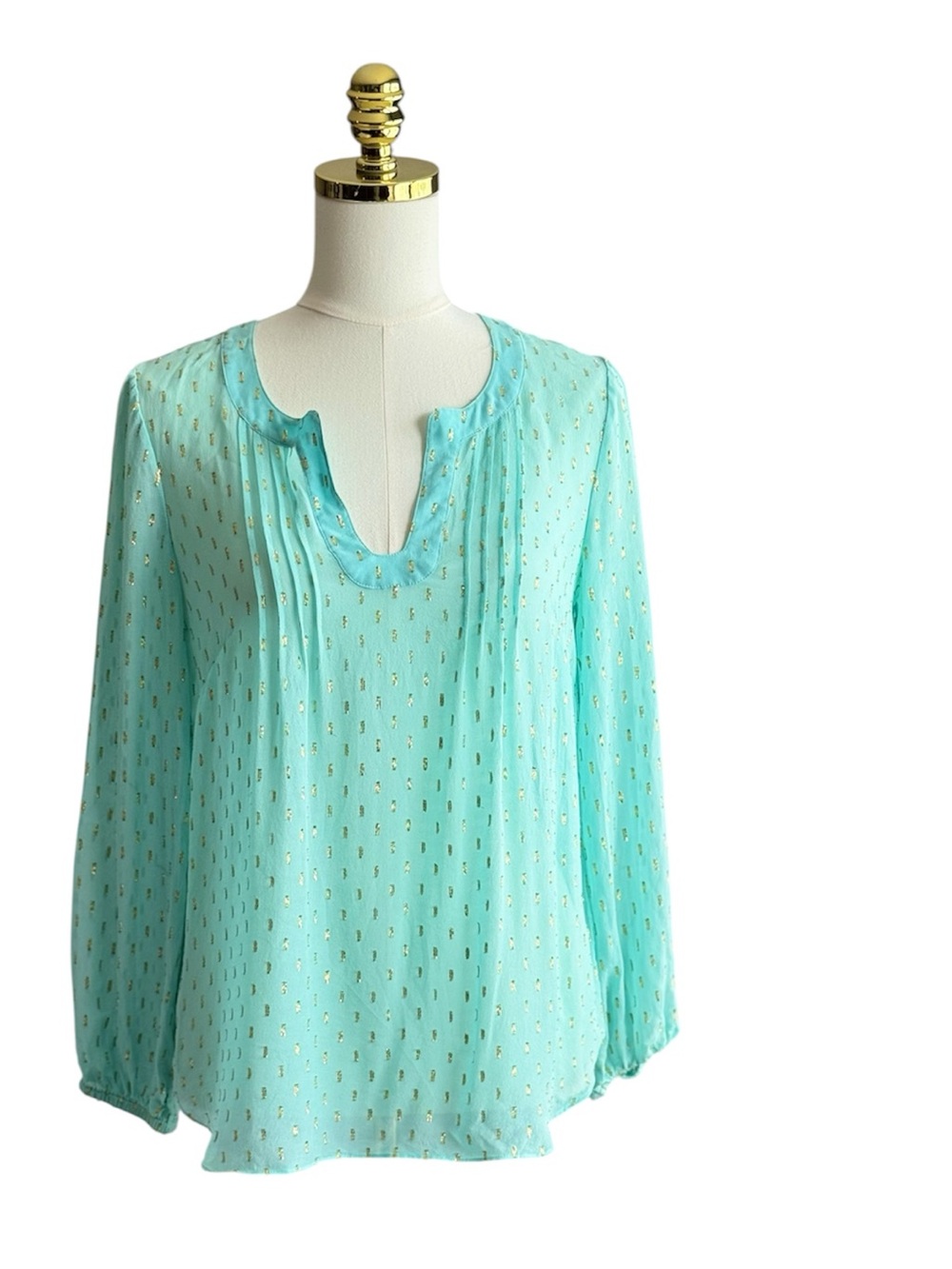 Lilly Pulitzer Aqua/Mint Green Sheer Silk Blouse with Gold Metallic Dots Size S